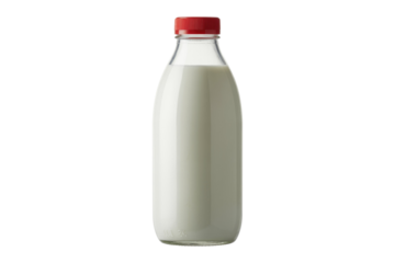 Fresh white milk in a clear glass bottle with a vibrant red screw cap, isolated against a simple transparent background. background removed