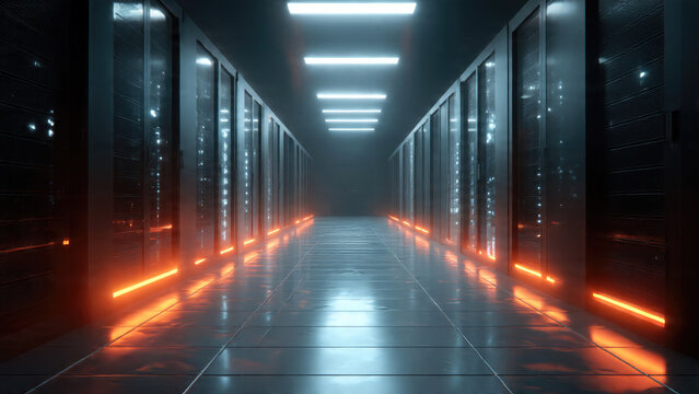 A futuristic data center hallway with glowing server racks, illuminated by blue lights and vibrant orange accents, creating a high-tech digital corridor. - Powered by Adobe