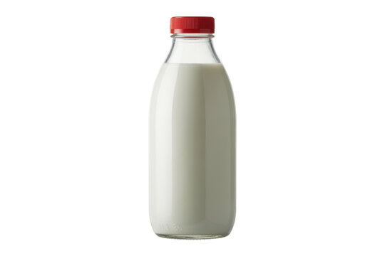 Fresh white milk in a clear glass bottle with a vibrant red screw cap, isolated against a simple transparent background. background removed