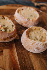 Creamy Broccoli Cheddar Soup in Edible Sourdough bread Bowl