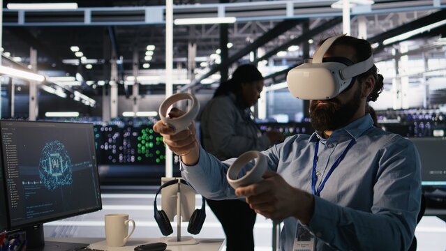 Data center technician using VR headset to monitor neural network AI LLM visualization. Server room worker using virtual reality tech to oversee rigs powering machine learning processes, camera A