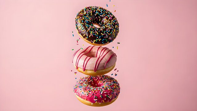 Stack of three colorful donuts with sprinkles on a pink background for sweet treat - Powered by Adobe