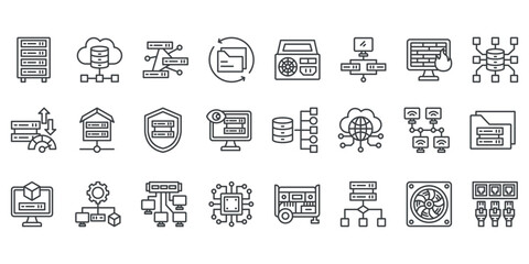 Data center icon collection set. Containing server, storage, data, virtualization, firewall, database, bandwidth, security icon. Simple outline vector