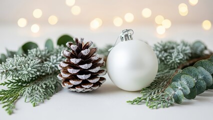 Elegant winter flat lay featuring snow-dusted pinecone and white bauble resting on clean textured surface