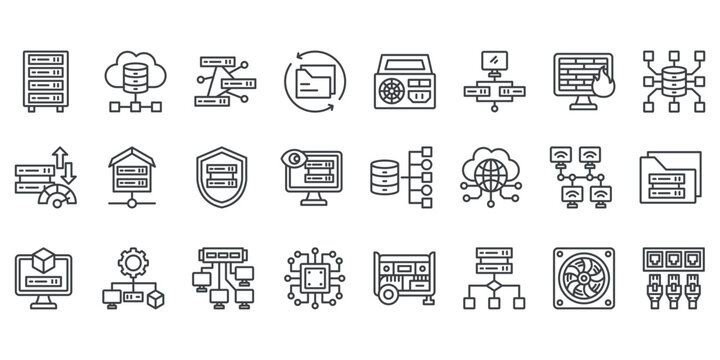 Data center icon collection set. Containing server, storage, data, virtualization, firewall, database, bandwidth, security icon. Simple outline vector