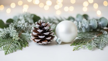 Elegant winter flat lay featuring snow-dusted pinecone and white bauble resting on clean textured surface