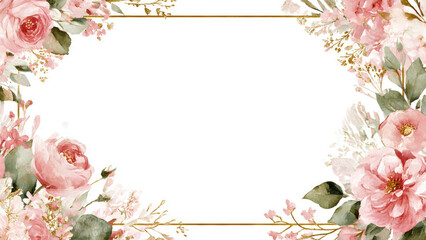 Elegant watercolor pink roses, charming blossoms, green leaves, and delicate golden lines form a beautiful floral frame for text.