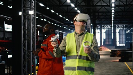 Technician uses virtual reality equipment to review construction and fabrication tasks, highlighting engineering precision for workforce development. Modern manufacturing production.