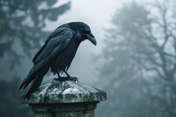 Naklejka premium black raven on stone pedestal in moody mist