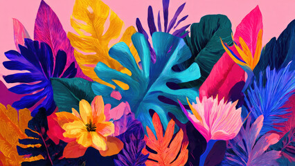 Vibrant, stylized tropical foliage and exotic flowers burst with intense colors against a soft pink backdrop, creating a lively and artistic floral composition.