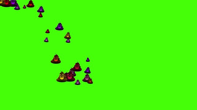 Funny brown poop emoticons moving diagonally across a green screen. Animated social media poo icons for humor, messaging, or internet culture concepts.