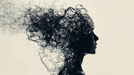 profile silhouette of human head with chaotic scribble lines, concept of anxiety, stress, depression, or mental disorder