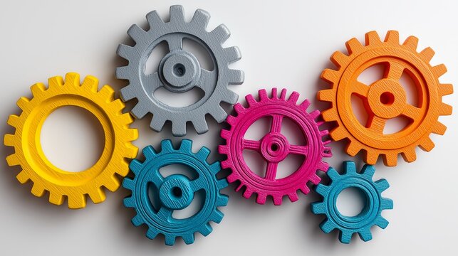 Colorful Gears in Various Sizes Symbolizing Mechanisms and Engineering Dynamics for Innovative Designs and Creativity