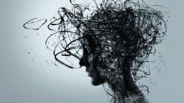 profile silhouette of human head with chaotic scribble lines, concept of anxiety, stress, depression, or mental disorder