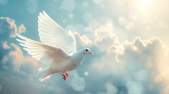 white dove flying upward into bright heavenly light and clouds, symbol of peace, hope, or spirituality