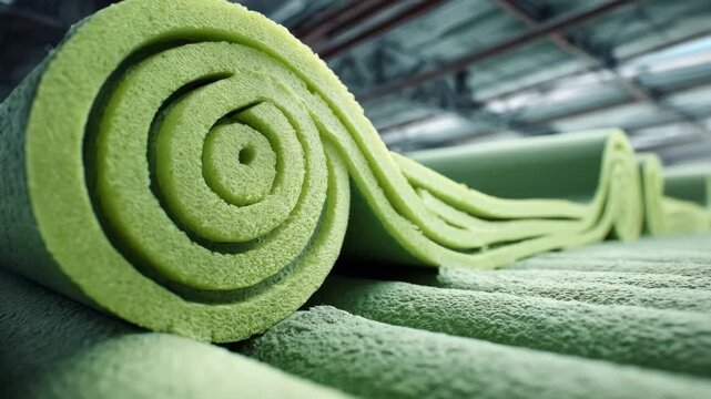 Medium shot of foamfilled thermal insulation rolls being cut precisely on an automated line highlighting energyefficient cladding production with highdensity foam core.