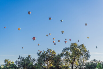Colorful hot air balloons floating over Teotihuacan in Mexico, creating a breathtaking view of the ancient pyramids. Tourism, adventure, and cultural heritage concept