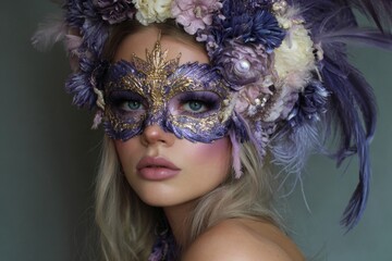 A woman wearing an ornate purple and gold masquerade mask and an elaborate feather and flower headpiece poses gracefully.