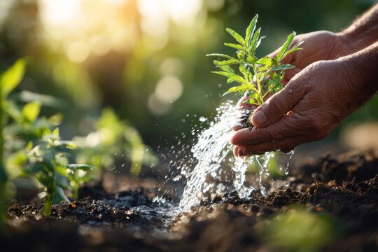 Hands gently water a vibrant green seedling, pouring fresh liquid onto its roots in rich dark soil under soft sunlight.