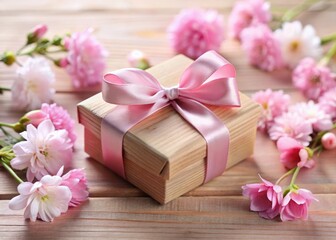A delicate pink ribbon with a elegant bow tied around a wooden gift box filled with soft pink flowers