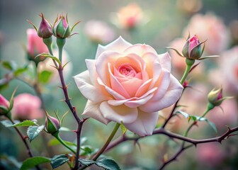 delicate pale pink rose with thorns in a garden on a cloudy day