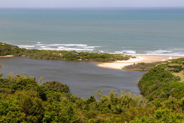 Forest view with lake and ocean in background