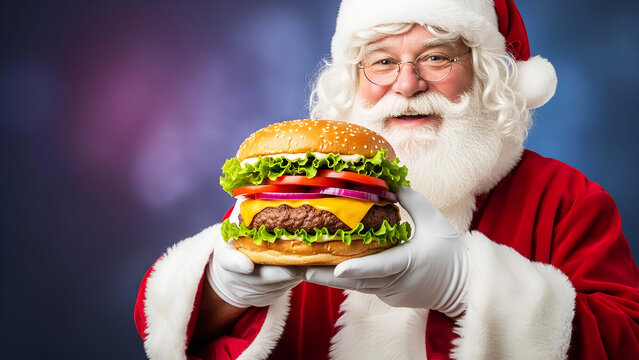 A cheerful Santa Claus in a classic red suit poses with an oversized hamburger, smiling happily. A bright and humorous holiday-themed food concept on a clean white background.