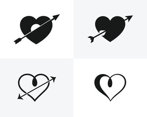 Four black heart icons with arrows piercing them or intertwined love romance