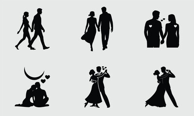 Black silhouettes of couples in romantic poses and dancing on a light gray background love romance