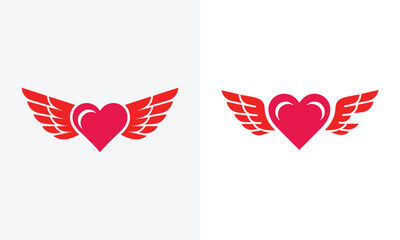 Two red winged heart graphic icons on a light grey background love romance