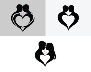 Black silhouette couple embracing forming a heart shape with red hearts love romance