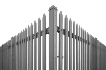Obraz premium A sturdy gray metal security fence featuring sharp, pointed pickets forms a prominent corner, isolated against a transparent background. background removed
