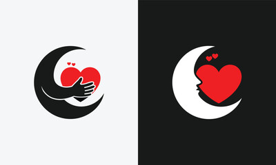 Two graphic icons of a crescent moon holding a red heart on white and black backgrounds love