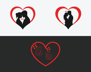 Three red heart outlines containing silhouette couples and small red hearts valentine love
