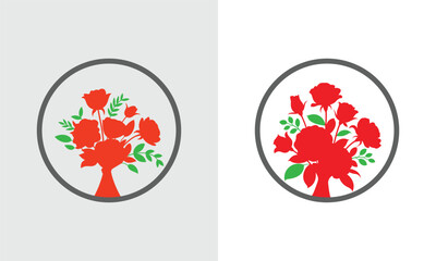 Red rose bouquet silhouette in a circle on light gray and white backgrounds flowers green