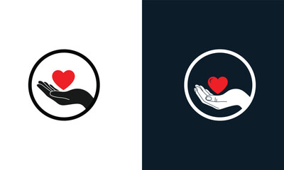 Red heart held in open hands inside circles on white and dark blue backgrounds love giving