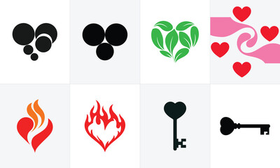 Collection of eight graphic icons featuring hearts leaves flames and keys heart icon leaf icon