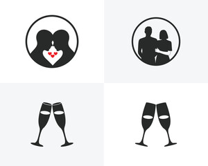 Four black silhouette icons of couples and champagne glasses on white background love romance