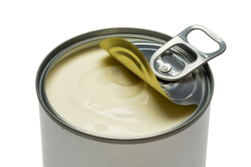 An open silver can of creamy white liquid, likely condensed milk, with its gold pull-tab lid peeled back, on a transparent background. background removed