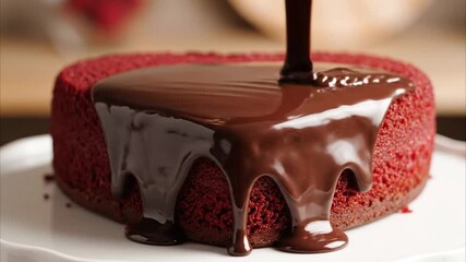Chocolate glaze being poured on a heart-shaped red velvet cake.