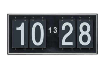 A vintage flip-digit display showing "10:28" with "13" between the hour and minute, featuring large white numbers on black panels. background removed