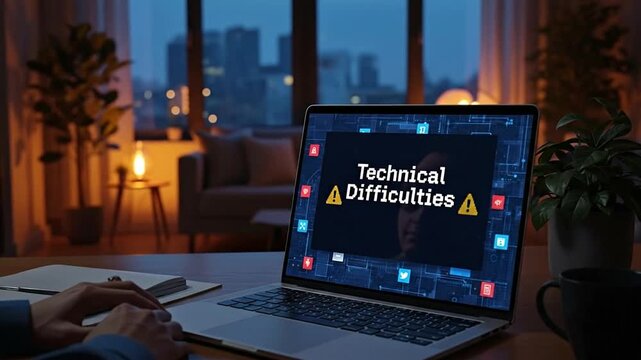 Technical Difficulties Alert: A person grapples with digital challenges, illuminated by the glow of a laptop screen displaying a critical alert amidst a modern interior and a cityscape backdrop.