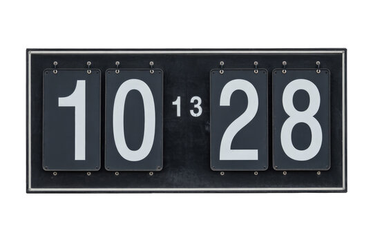 A vintage flip-digit display showing "10:28" with "13" between the hour and minute, featuring large white numbers on black panels. background removed