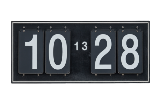 A vintage flip-digit display showing "10:28" with "13" between the hour and minute, featuring large white numbers on black panels. background removed