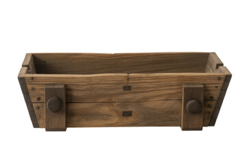 Rustic wooden planter box with vintage details and dark wood grain. Ideal for farmhouse decor or indoor gardening. background removed
