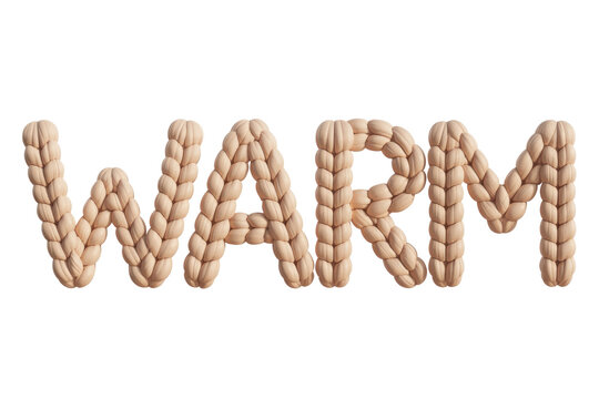 The word 'WARM' rendered in a soft, light brown braided or knitted texture, suggesting coziness and comfort on a transparent background. background removed