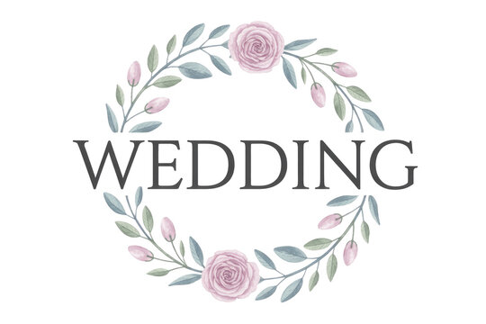 Elegant watercolor 'WEDDING' text adorned with a delicate circular wreath of soft pink roses, buds, and muted green-blue leaves, perfect for invitations. background removed - Powered by Adobe