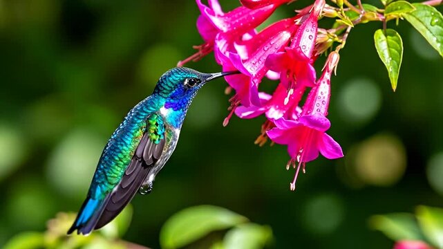 Hummingbird at flower: A hummingbird with iridescent feathers sips nectar from a vibrant pink flower, its delicate wings blurring in motion.