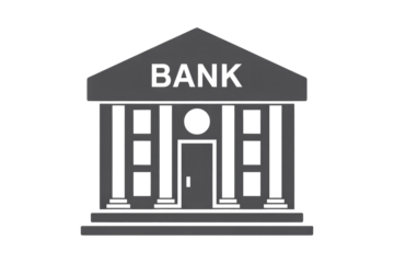 A simple, flat design icon of a classical bank building with 'BANK' written on its facade, featuring columns and a central entrance. background removed
