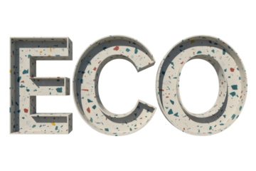 Volumetric 3D 'ECO' text rendered in terrazzo-style material with colorful flecks, hollow letters on a clean transparent background, symbolizing sustainability and eco-friendliness. background removed